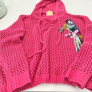 Judith March Hot Pink Open-Knit Hooded Sweater with Parrot Patch